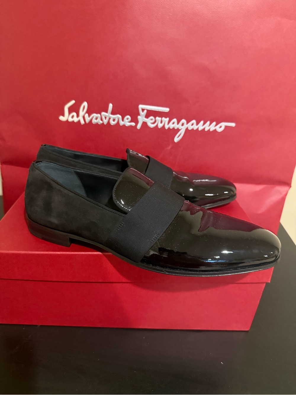 Salvatore Ferragamo Black Patent & Dark Gray Suede Slip-On Loafers 10D